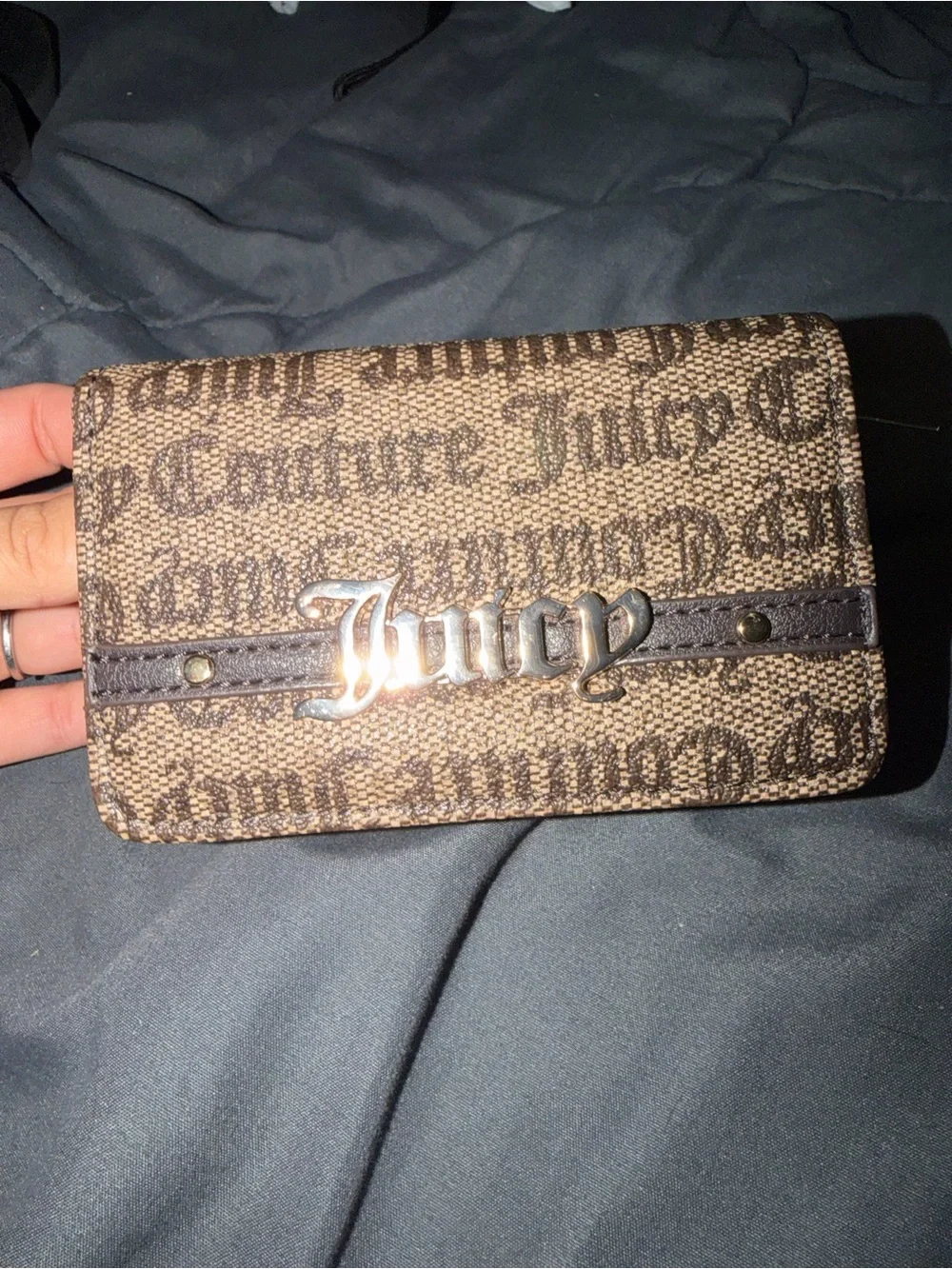 Juicy Couture Brown Monogram Canvas Wallet with Silver Script Logo